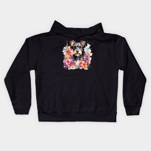 A schnauzer dog decorated with beautiful watercolor flowers Kids Hoodie